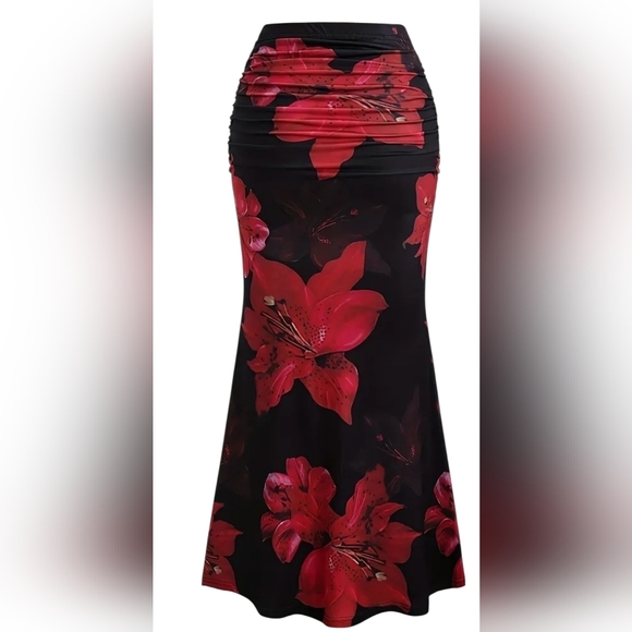 Dresses & Skirts - Red/Black Floral Print Bodycon Skirt Plus Size
